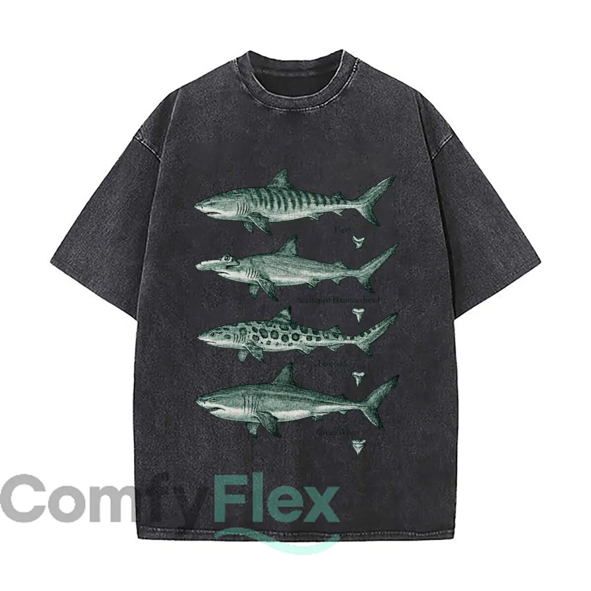 Marine Biology Shark Species Tiger Scalloped Hammerhead Leopard Great White Distressed Vintage Oversized Streetwear Tops