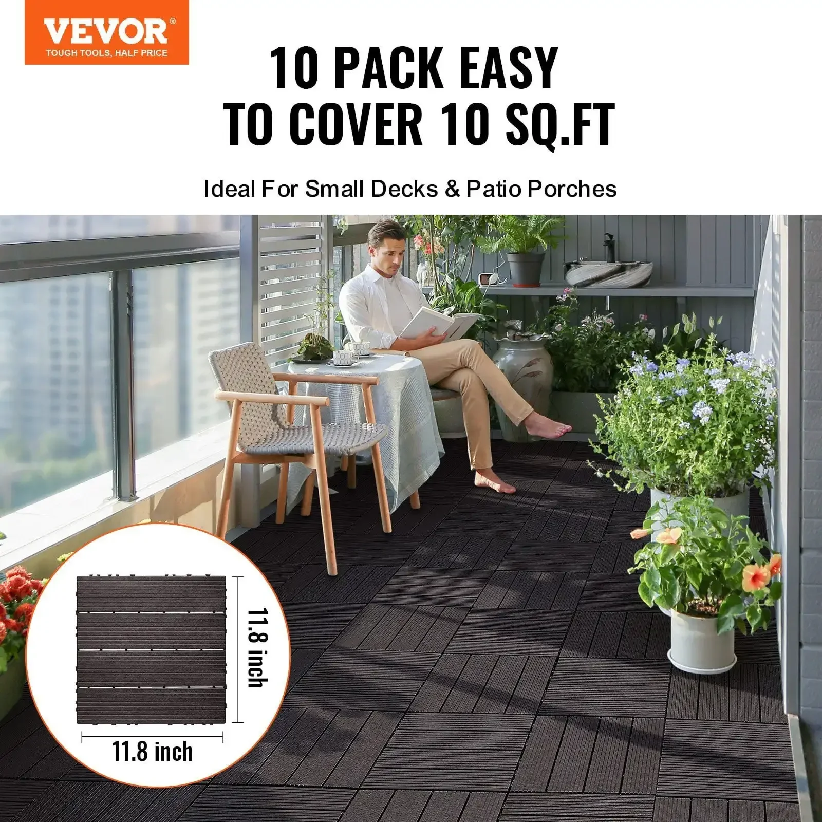 Paquet de 10 carreaux de terrasse imbriqués 12 "x 12" imperméables pour porche marron foncé