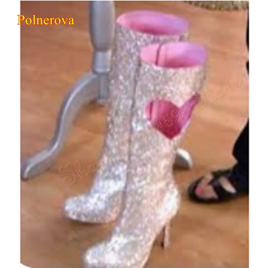 

Knee High Sparkling Full Crystal Hollow Heart Boots Thin High Heel Shoes For Women Side Zipper Pointed Toe Luxury Women Boots