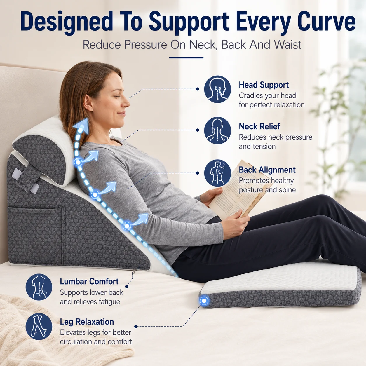 2/3pcs Ergonomic Bed Wedge Pillow Set with Side Pocket, Breathable Memory Foam Reading Pillow for Back Neck Leg Support