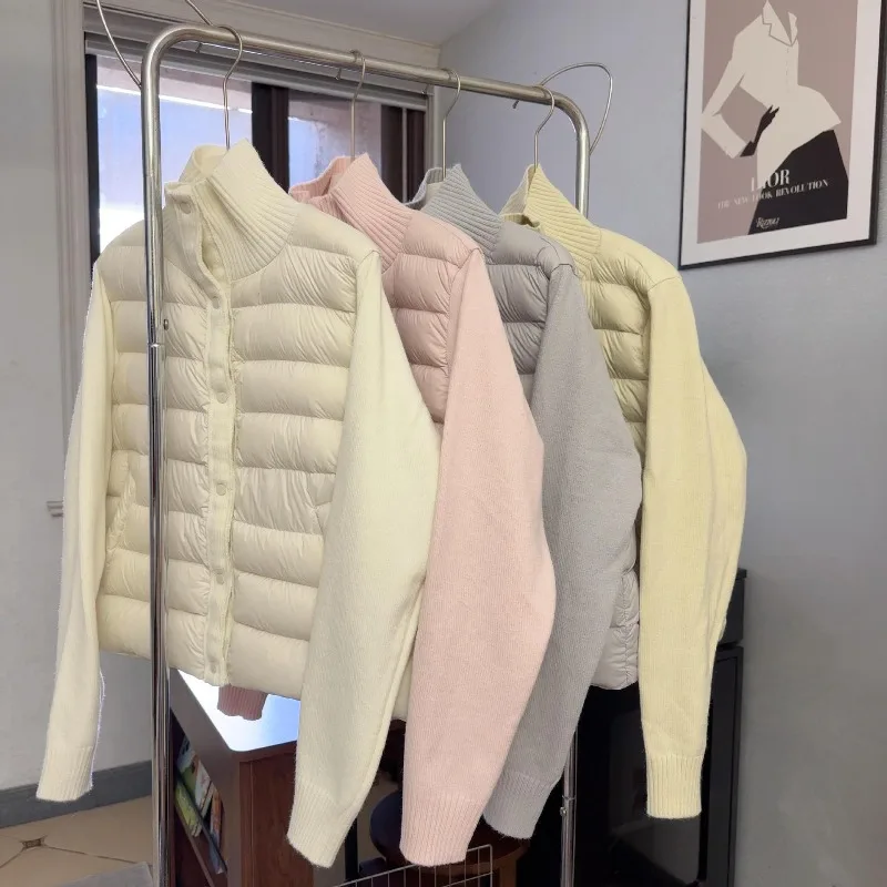 2026 New Solid Women Autumn Winter Short Jackets Loose Knit Combined High Collar Quilted Padded Pockets Button Daily Streetwear