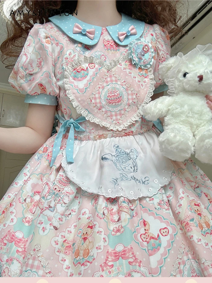 

Cartoon Print Love Embroidery Op Rural Style Lolita Dress Women Summer New Sweet Doll Collar Bow Short Sleeve Slim Mini Dress