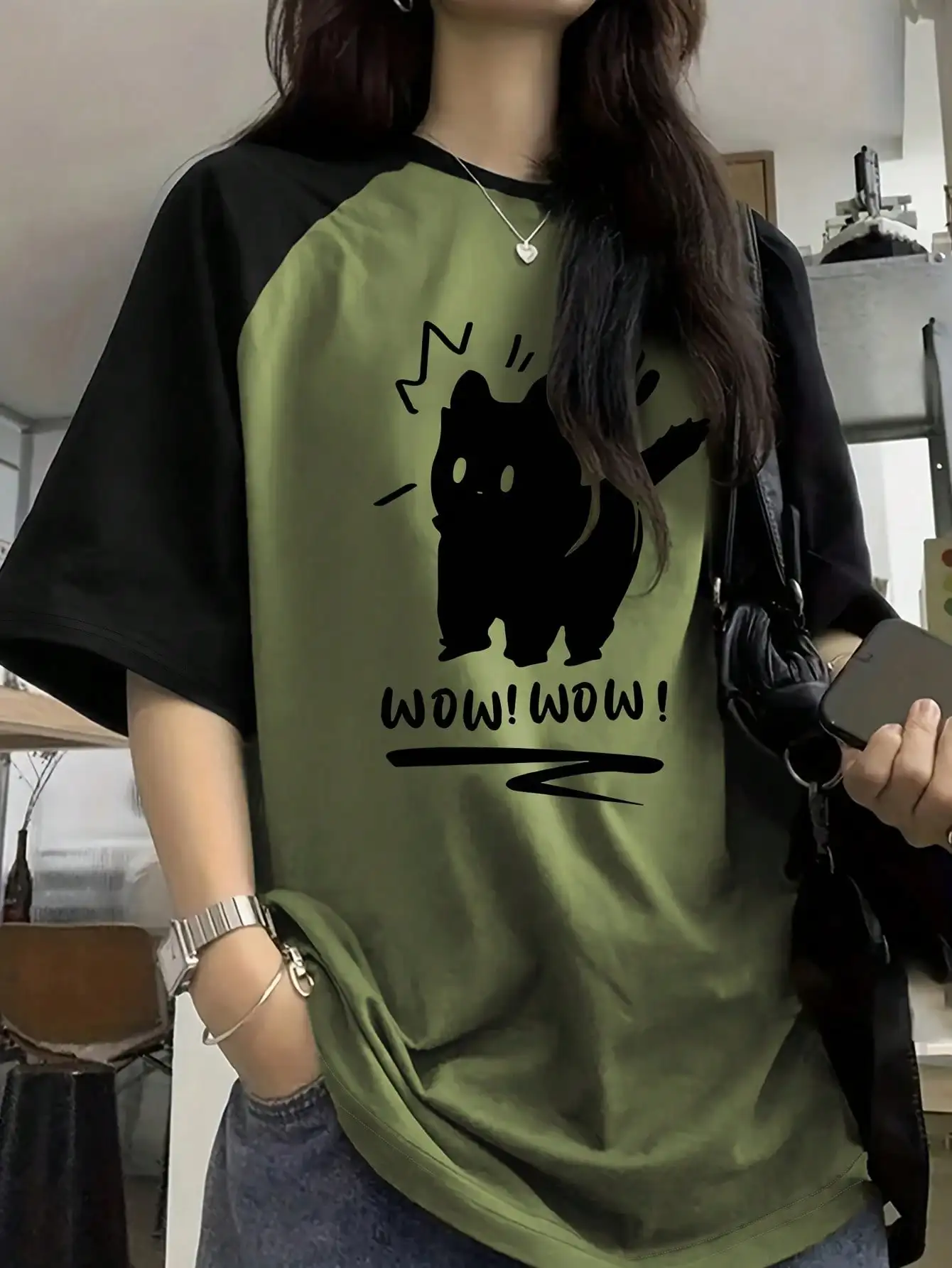 

Women's Y2K Cute Cat Print Contrast Raglan Sleeve T-Shirt, Casual Short Sleeve Crew Neck Top