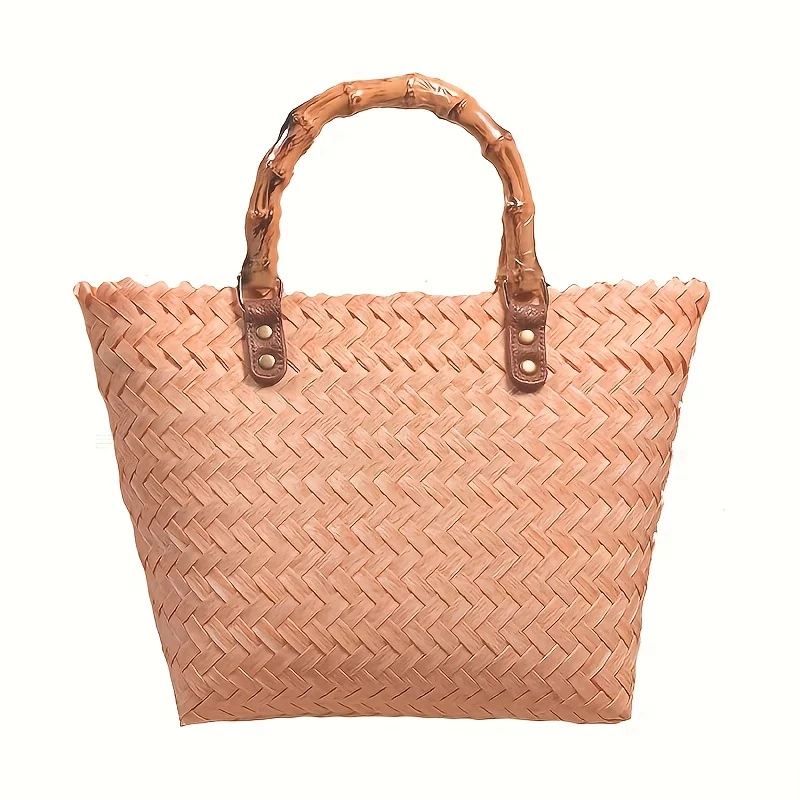 

1pc Handmade Beach Simple Woven Tote Bag Hand Carrying Straw Decoration Bag Beach Fashion Travel Casual Handbag