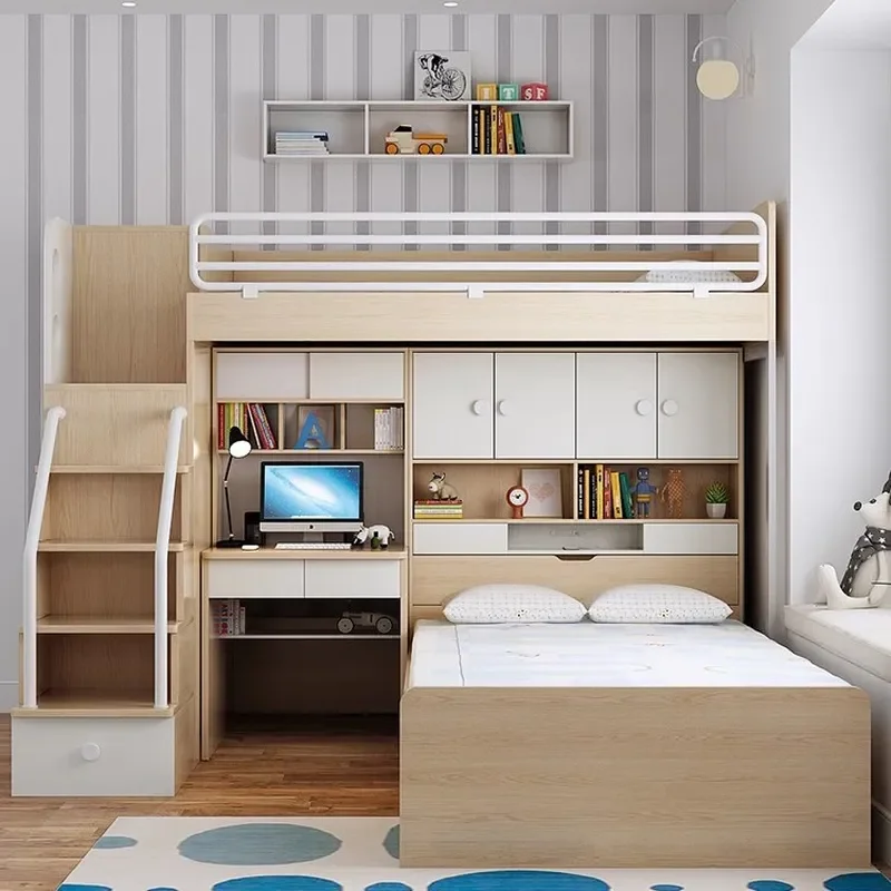 for Upper and Lower Staggered Beds Small Apartment Wardrobe Bed Desk Integrated Large Storage Space Bed