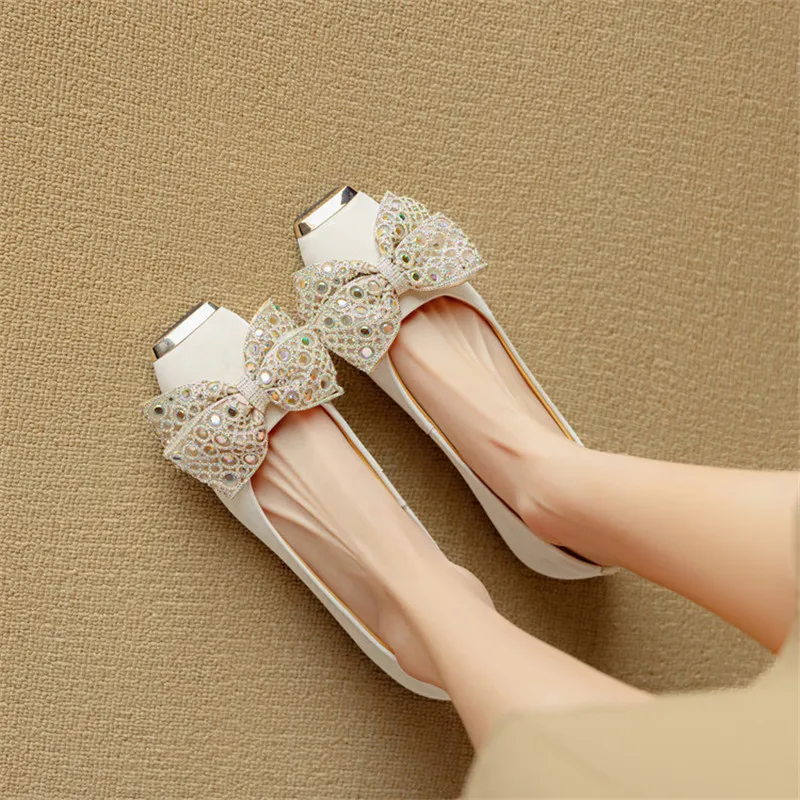 New Spring/summer Sheep Leather Shallow Shoes for Women Fashion Bow Square Toe Women Pumps Breathable Low Heel Flat Shoes Women