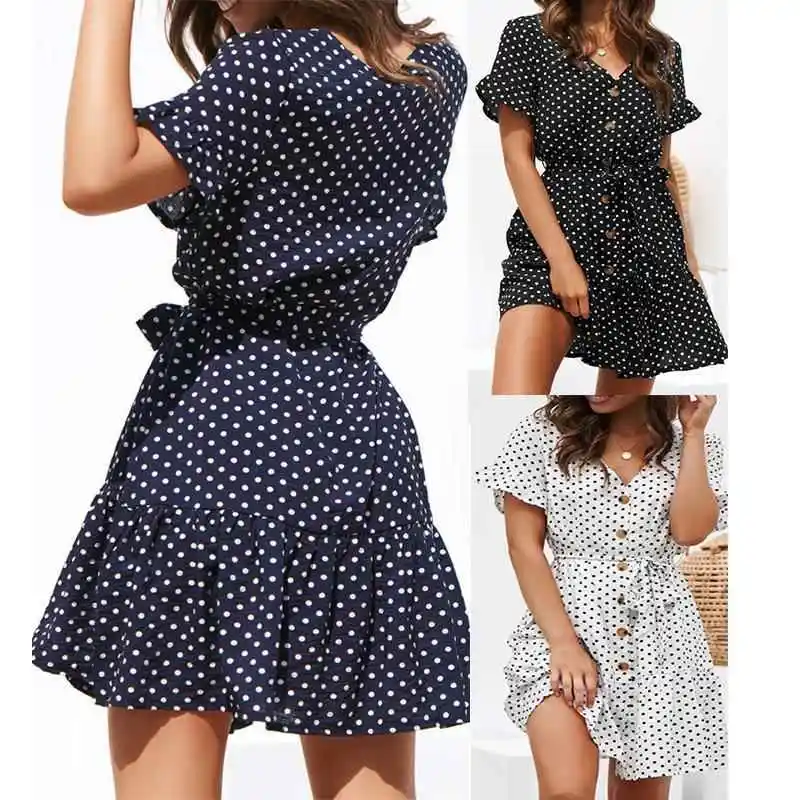 

Fashionable Polka Dot Print Loose Women's Dress with Belt Short Sleeve Maxi Dress Elegant Business Wear V-Neck Rabbit Fur