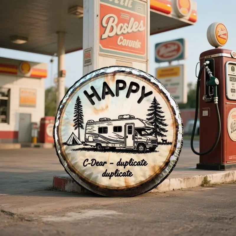 HAPPY RV Camping Theme Polyester Tire Cover, Sunproof Durable Spare Tire Cover, Outdoor Travel Adventure Style Decor, Fit For C