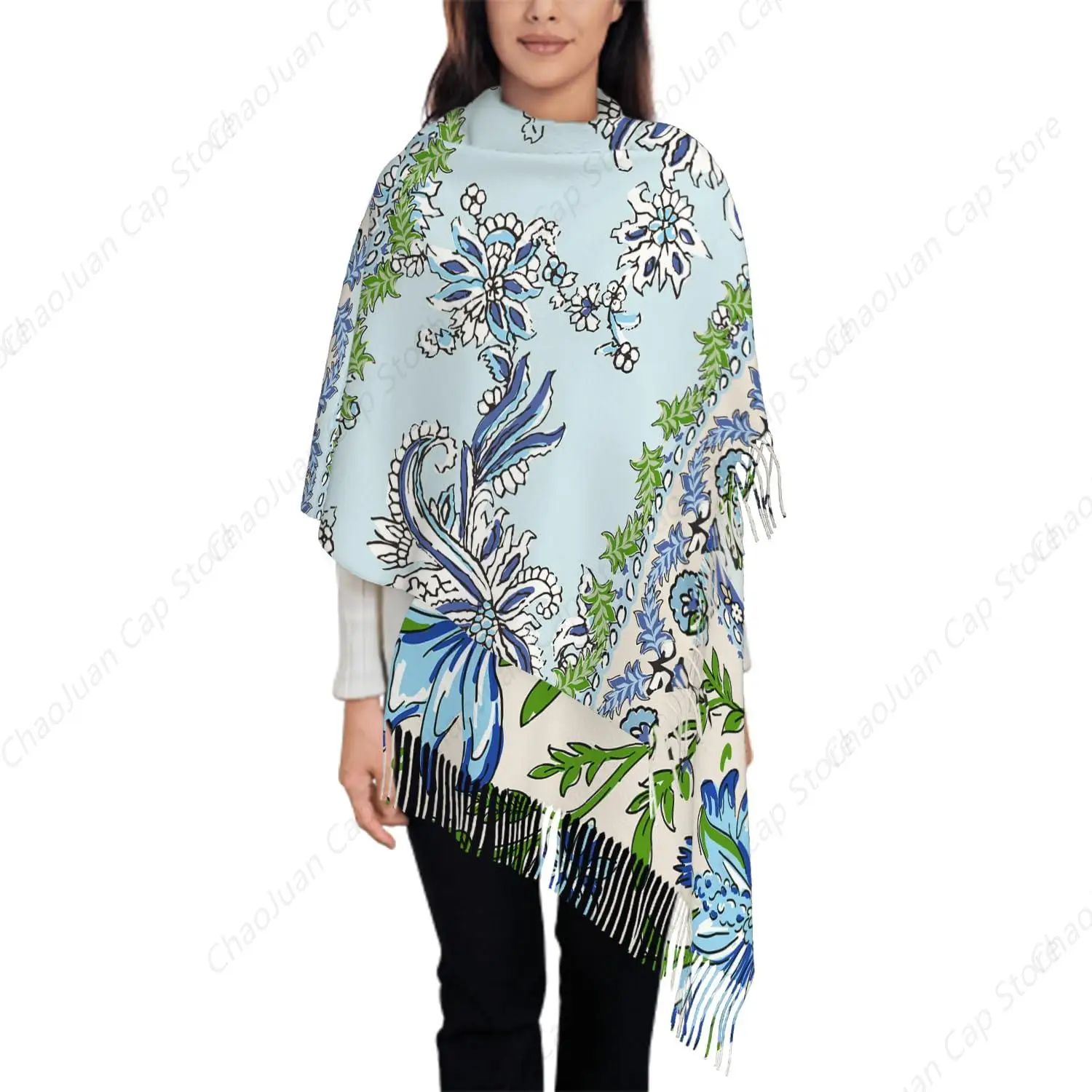 

Шарф оверсайз для женщин, лоскутный цветочный пейсли и индийский стиль, цветочный синий шарф, шарфы с кисточками, осенне-зимняя шаль, накидки
