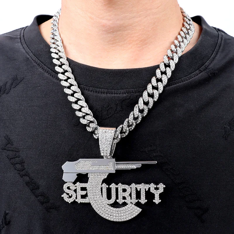 Hip-hop sniper rifle SEURITY letter pendant necklace ice crystal Cuban chain fashion cool jewelry men\'s gift