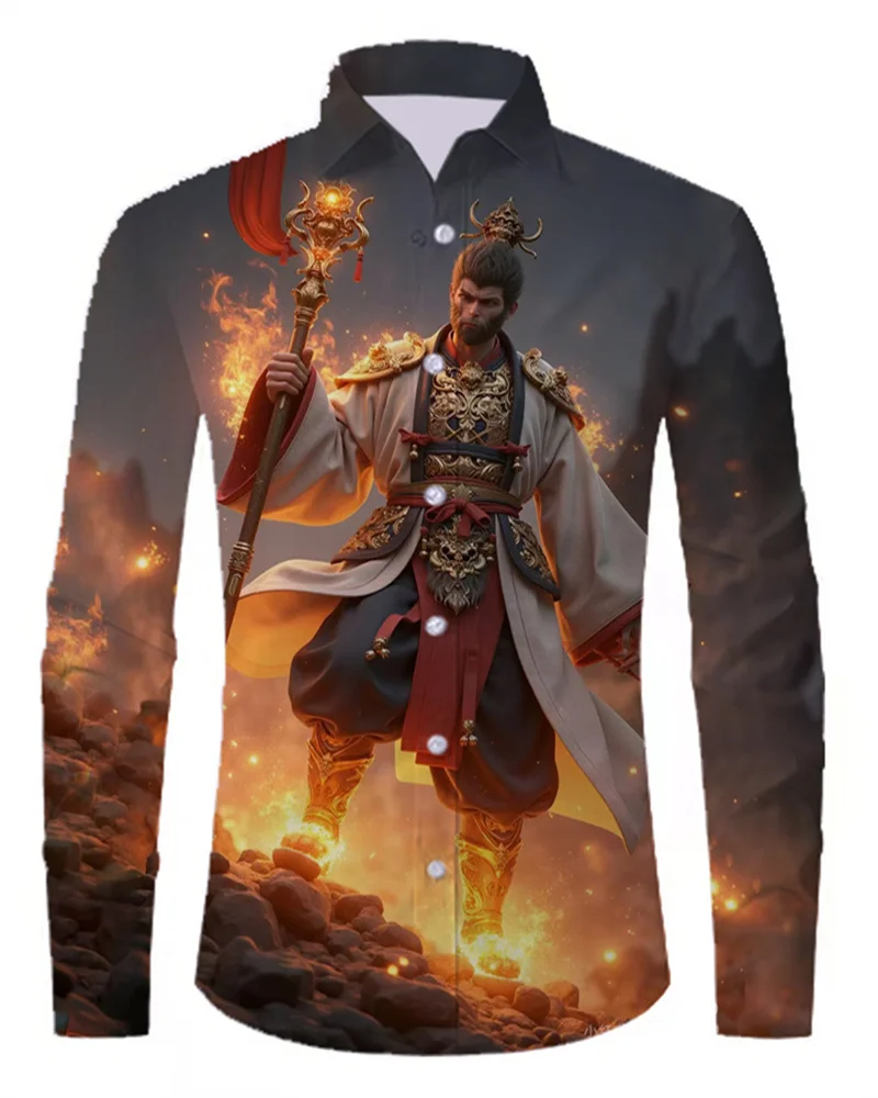 Black Mythology Wukong Sun Wukong Long Sleeve Shirt Lapel Button Shirt Fans Gift Fast Shipping XS-6XL Large Size High Quality