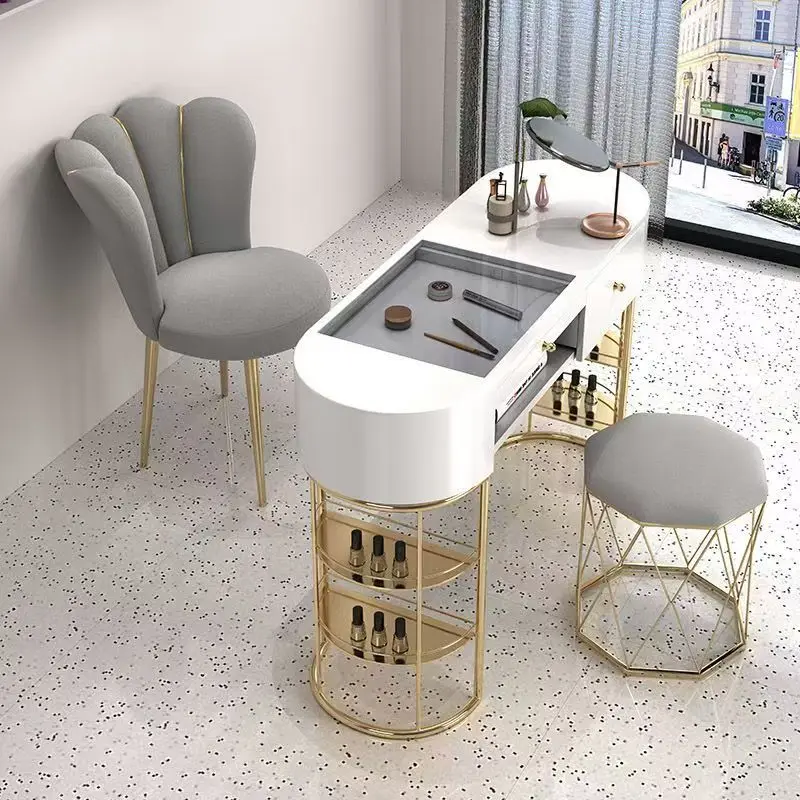 New Frame Manicure Table with Stool Marbling Texture Nail Desk Station Nail Table  Drawers 1 Cabinet Acetone Resistant Beauty