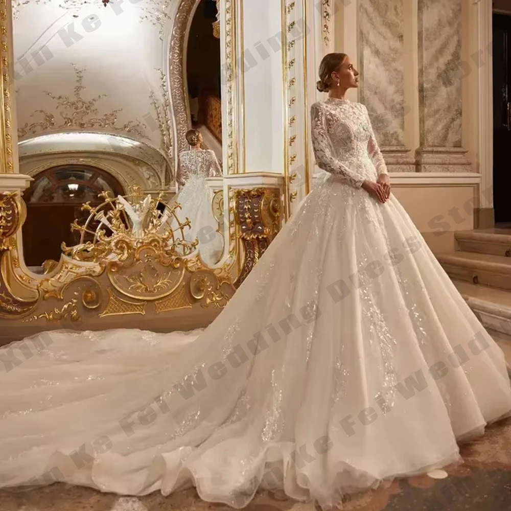 

2026 Luxury Long Sleeve Muslim Wedding Dresses Applique Lace High Neck Romantic Bridal Gowns Glitter Robe De Mariee Customized