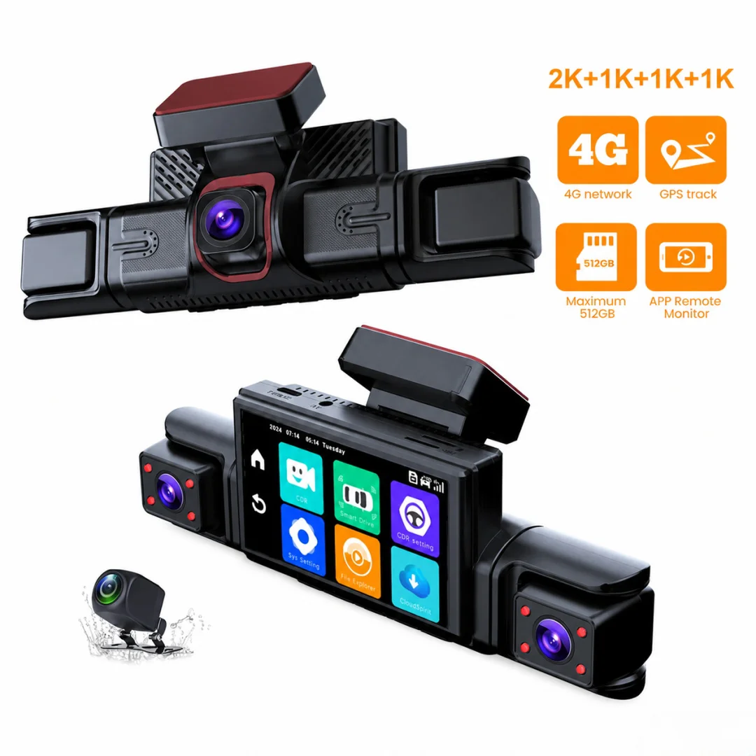Global 4G LTE Dash Camera Remote Monitor Touch Screen 4 Channel 2K Car Camera 360 View SimCard GPS WiFi ADAS BSD APP Remote View