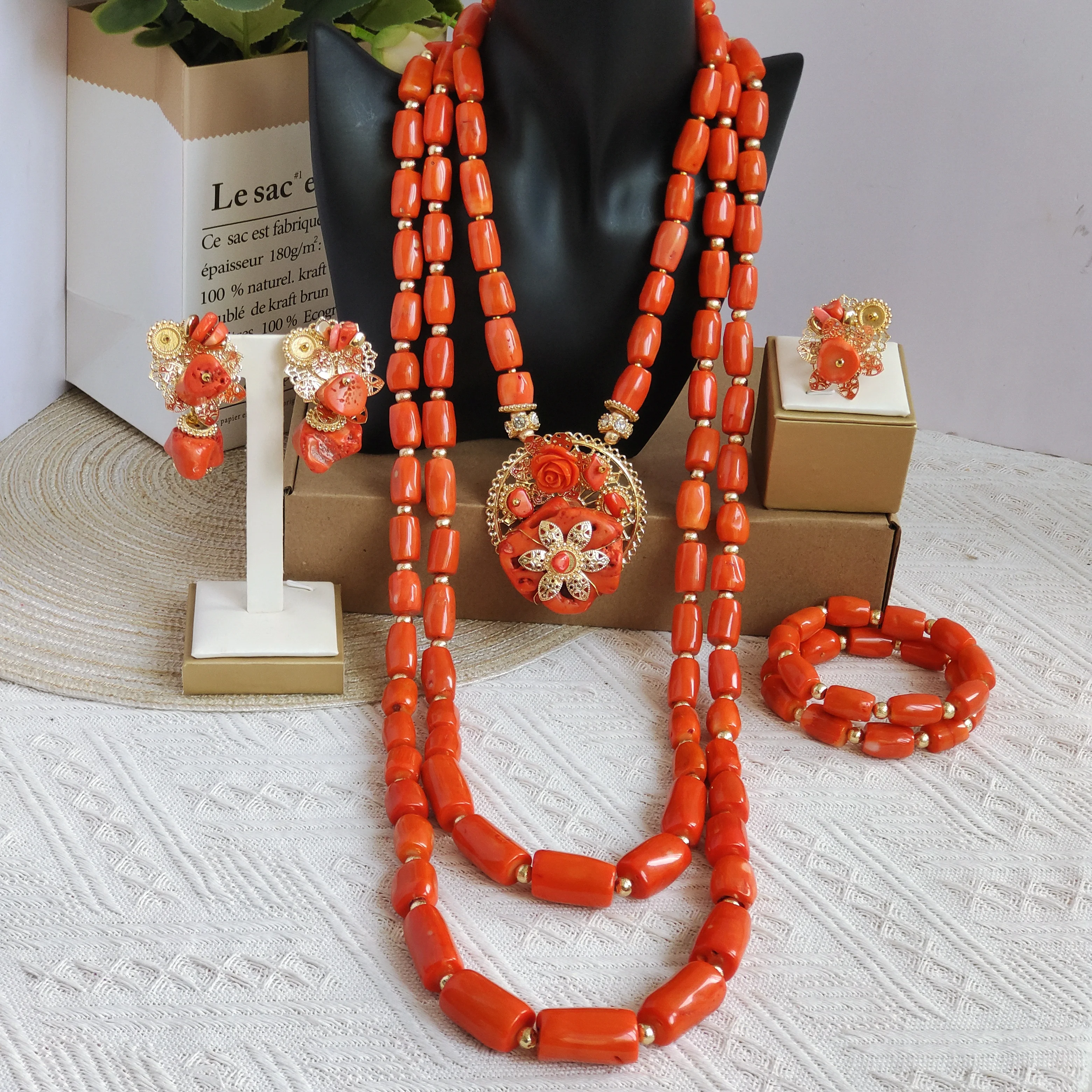 

real natural coral bead african wedding jewelry set