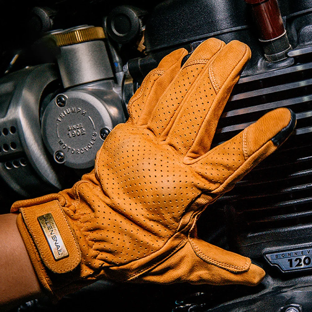 For Motorcycle Vintage Leather Gloves Touchscreen All-Season Sheepskin Anti-Slip No-Drill Accesorios Moto