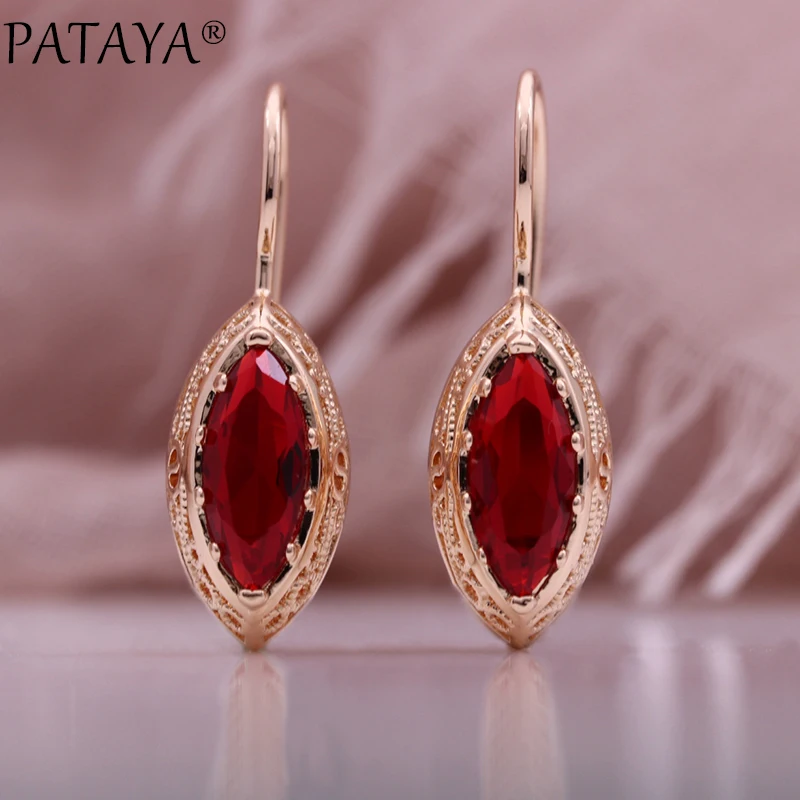 PATAYA New Red Horse Eye Natural Zircon Drop Earrings Trend Fashion Jewelry For Women 585 Rose Gold Color Unique Hollow Earrings