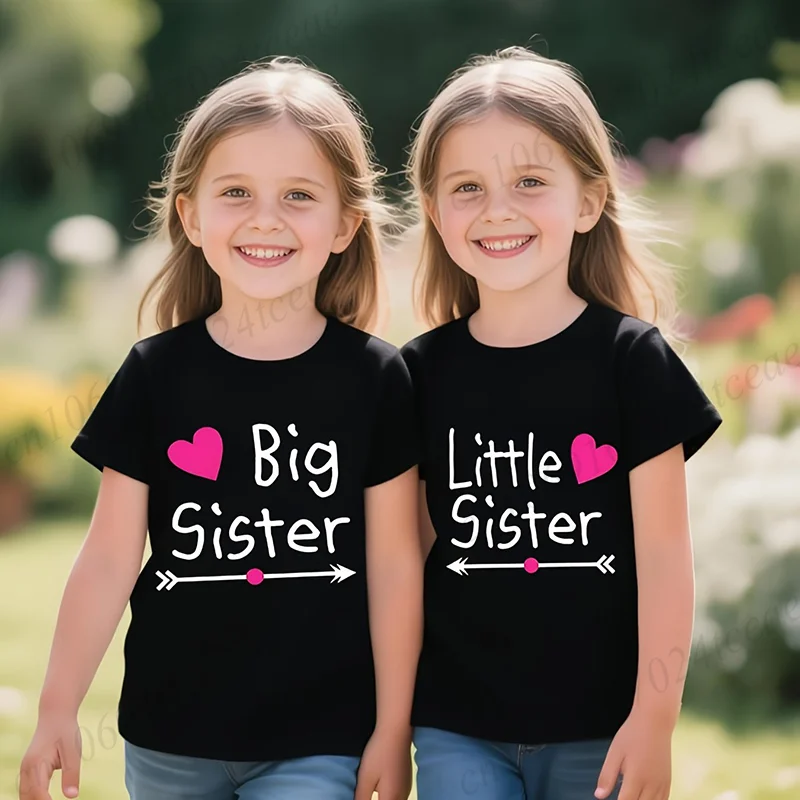 Big Sister Little Sister Print Summer Kids T Shirt Graphic Shirt Girls Cotton Tops Short Sleeve White Black Tee Cartoon T-shirt