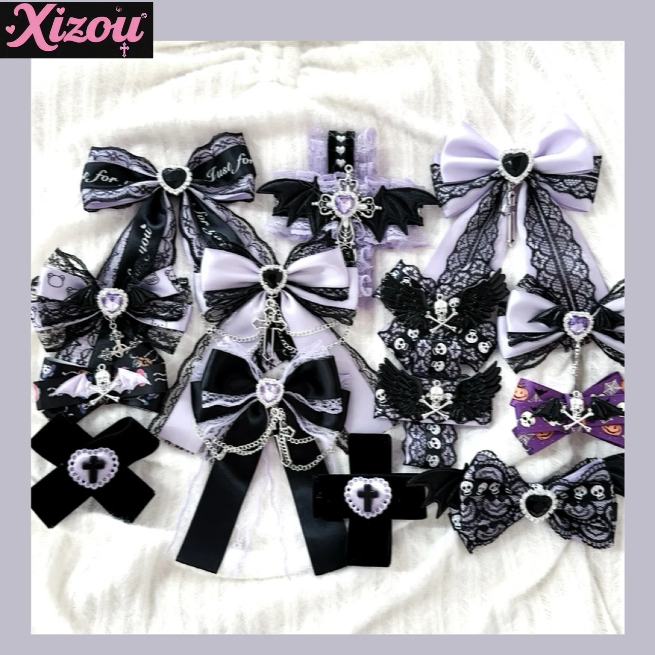 

Оригинальная субкультура Y2K, ниша, заколка ручной работы, аксессуары для волос, милая крутая девушка, черный, фиолетовый, с бантом, кружевной горный хрусталь, готический головной убор