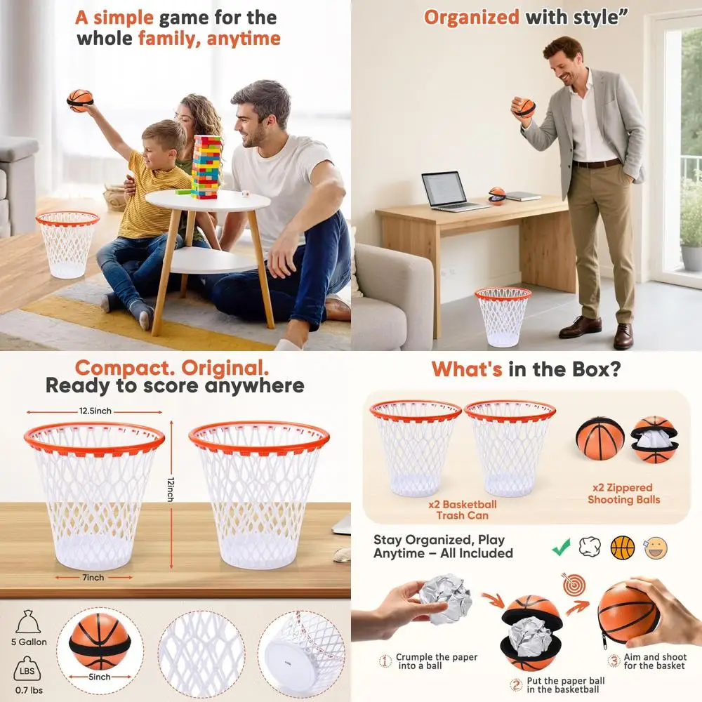 

Pair of Basketball-Themed Trash Cans with 2 Shooting Balls - Ideal Holiday Gift for Kids' Rooms and Dorms - 12 Decorative Wasteb