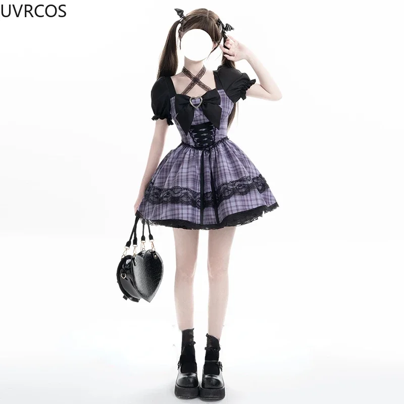 Japanese Gothic Y2k Plaid Lolita Dress Women Sweet Bow Lace Patchwork Slim Bandage Dresses Kawaii Puff Short Sleeve Mini Dresses