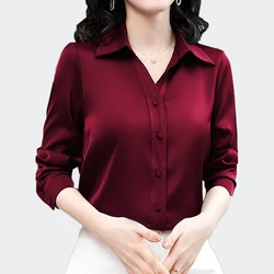 Korean Fashion Women Blouses And Shirts Elegant Long Sleeve Lapel Satin Silk Shirts Female Office Tops Blusas Mujer De Moda 2024