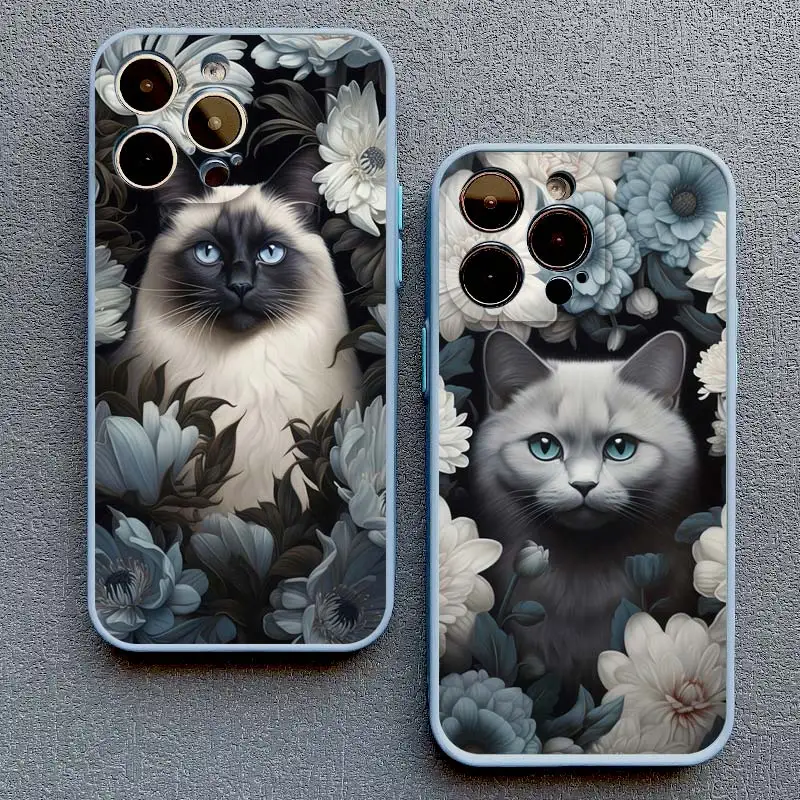 Black Cat Cute Animal Cartoon Grey Flower Phone Case For iphone 12 13 Mini XR XS X 11 13 12 14 15 Pro Max 15 14 7 8 Plus Cover