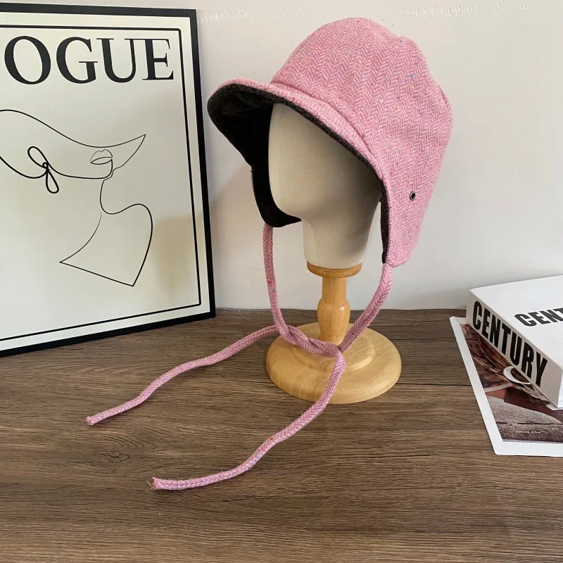 

Японская двусторонняя кепка-пилот в стиле ретро с узором «елочка» для мужчин и женщин, осенне-зимние теплые шапки-бомберы для верховой езды с защитой ушей