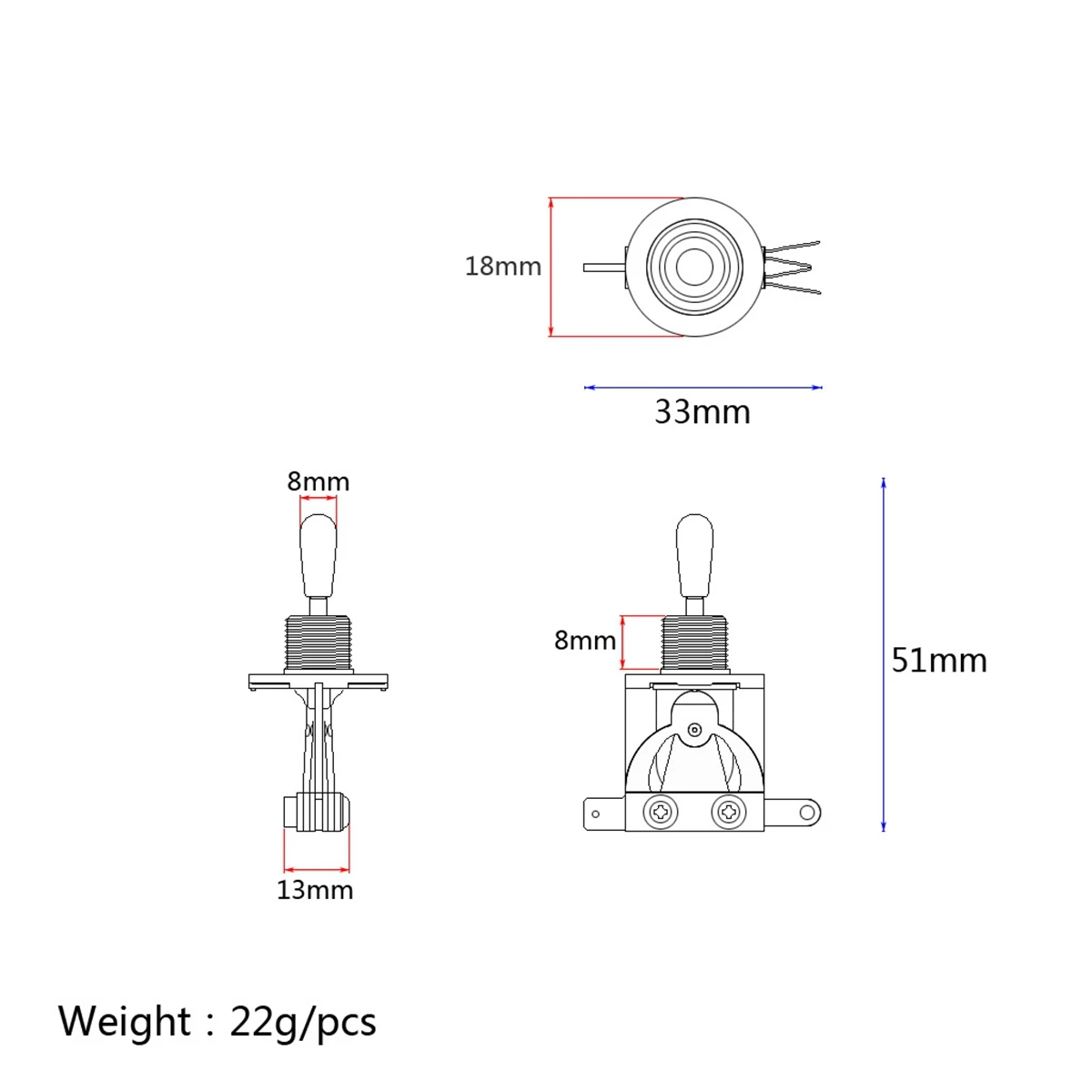 A99I-4X Metric 3 Way Short Straight Guitar Pickup Selector Toggle Switch Knob Silver & Beige & Silver & Black