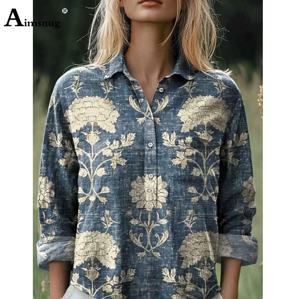

European Style 2025 Womens Long Sleeve Basic Shirts New Casual Beach Tops Blouse Women Boho Flower Print shirt blusas femmes