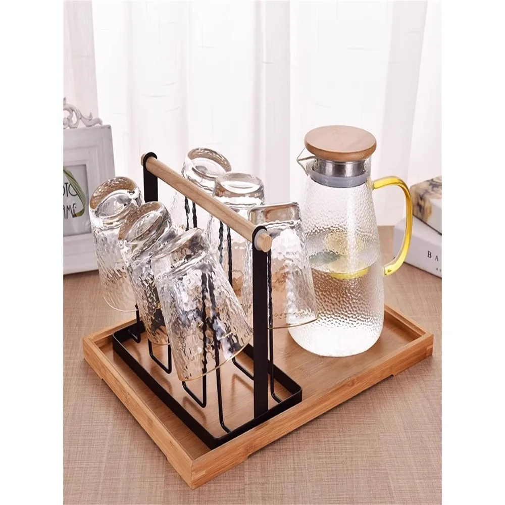 Creative home storage cup holder with inverted bamboo and wood tray, glass water cup holder with drainage storage rack, cup hold