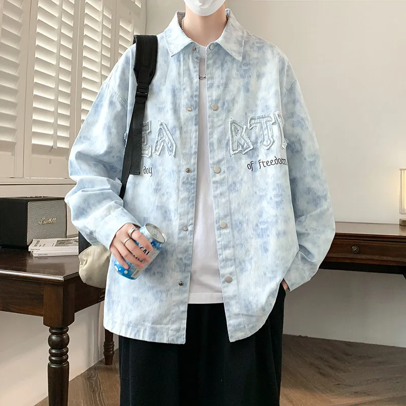 

Весенняя мужская джинсовая куртка свободного кроя с квадратным воротником, повседневная, в американском стиле, модная, универсальная, с длинными рукавами