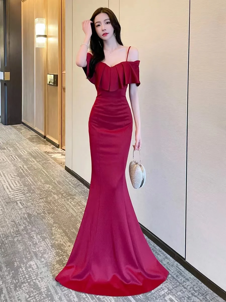 

Evening dress No. 6 women's high-end one-shoulder niche high-end temperament slim host fishtail dress