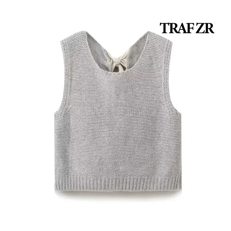 TRAF ZR Knitted Vest Winter Ladies Tops Sleeveless Waistcoat Women Basics Bow Vests Women\'s Fashion Vests Vintage Cold Vest