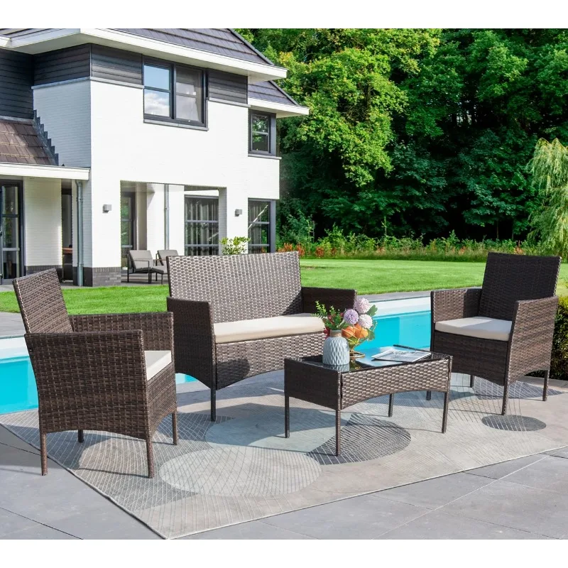 

4 - Piece Outdoor Patio Conversation Furniture Sets with Cushioned Tempered Glass, Conversation Sets, 4, Metal