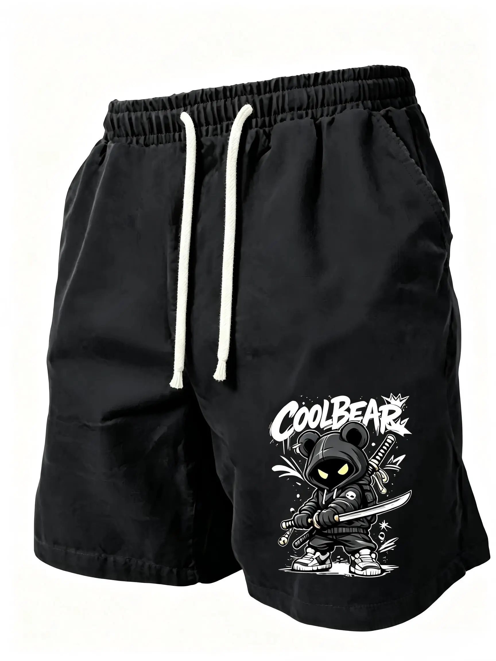 American Men's Summer Skateboarding Teddy Bear Samurai Sword Letter Print Soft Breathable Drawstring Shorts Outdoor Street Pants