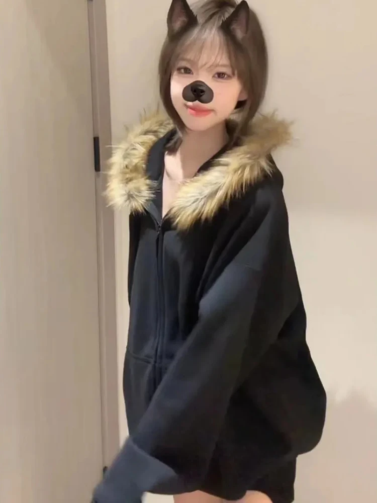 

Women Letter Print Hoodies Vintage Streetwear Zipper Fur Collar Patchwork Sweatshirts Korean Simple Loose Casual Hooded Coats