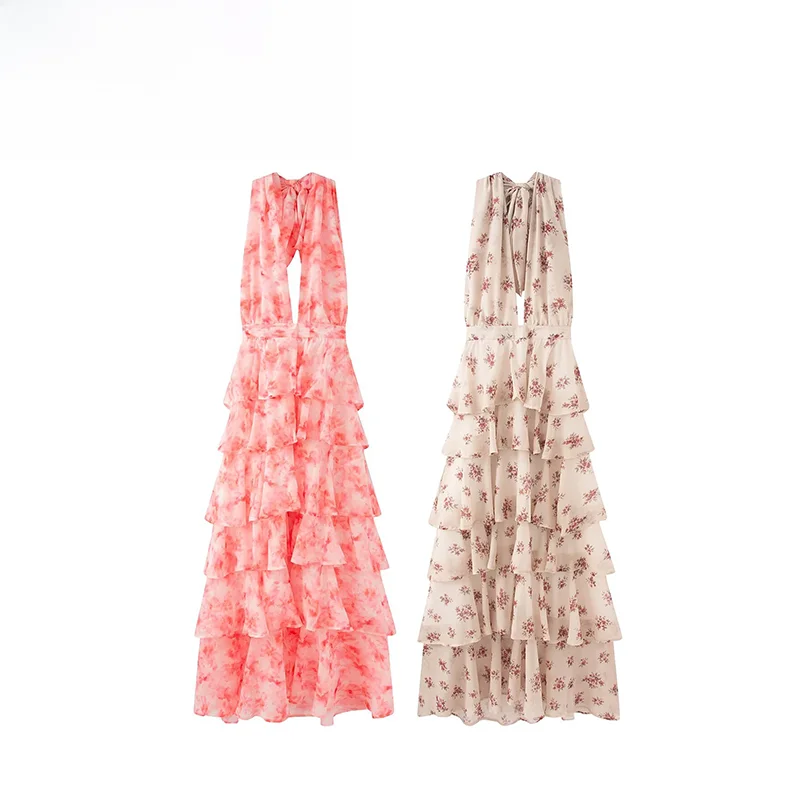 Fashionable ZR Autumn New Women's Dress V-neck Strap Multi-layer Printed A-line Skirt Sexy Casual Polyester Fiber Gown