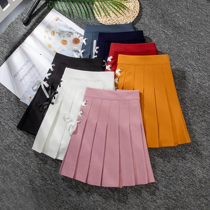 

Bow Lace-Up Women's Skirts with Shorts Woman Pleated High Waist A-Line Female Mini Summer Sweet Ladies Korean Clothing