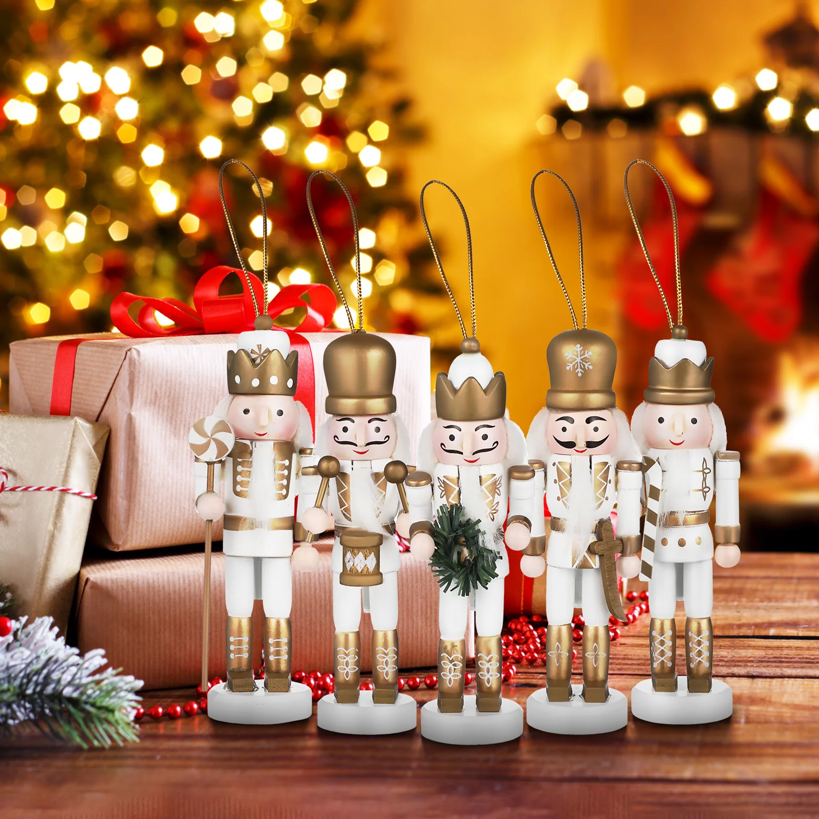 

5 pcs Christmas Nutcracker Hangings Wooden Nutcracker Figures Festive Home Office Decor Xmas Tree Ornament Indoor Holiday Party
