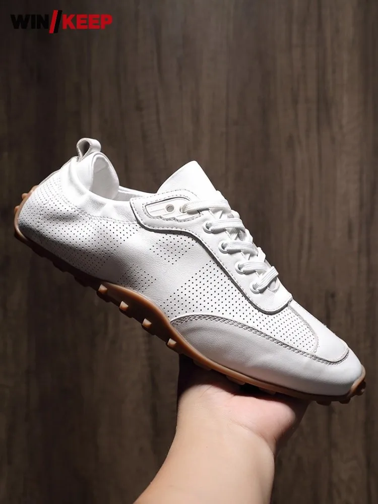 

Новые мужские удобные кроссовки из натуральной кожи для бега на открытом воздухе, треккинговые дышащие кроссовки на шнуровке, кроссовки для скейтборда