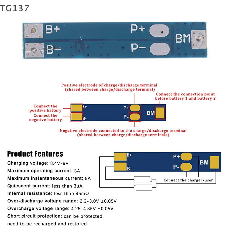 1Pc BMS Over Charge-Discharge Protection Module 18650 Lithium Battery Charger Board 2S 5A /7.4V 8A/ 8.4V