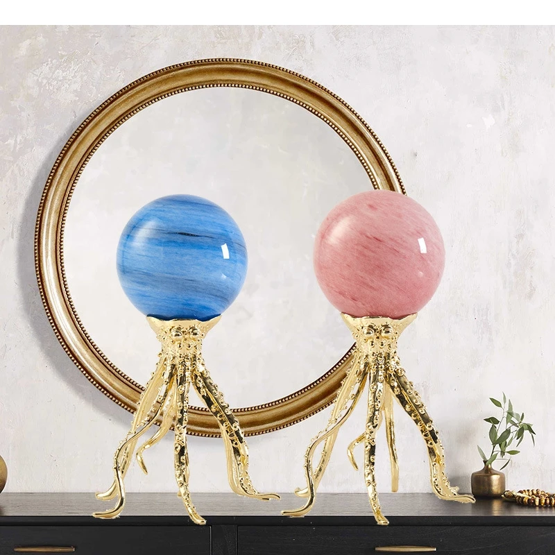 Metal Handicraft Octopus Crystal Ball Abstract Animal Sculpture Gold Squid Decorative Figurines Home Decor