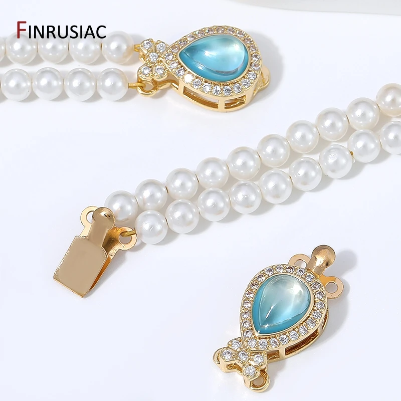 18K Gold Plated Brass Pear Opal Box Clasp 2 Strand Zircon Insert Safety Clasps for DIY Multi Pearl Jewelry Making Accessories