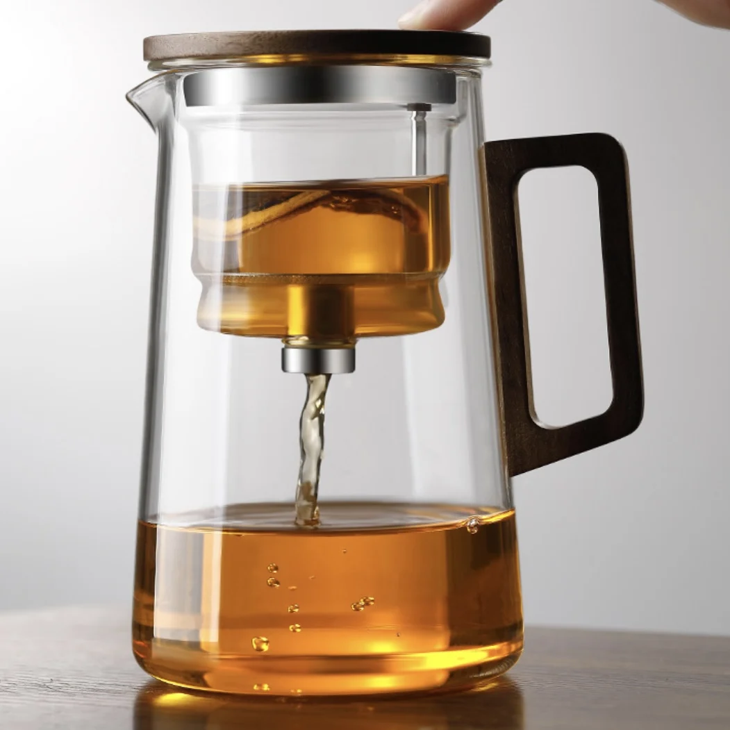 Water Separation Inner Container Teapot One Click Switch Tea Separation Filtration Glass Tea Pot Wood Handle Tea Set