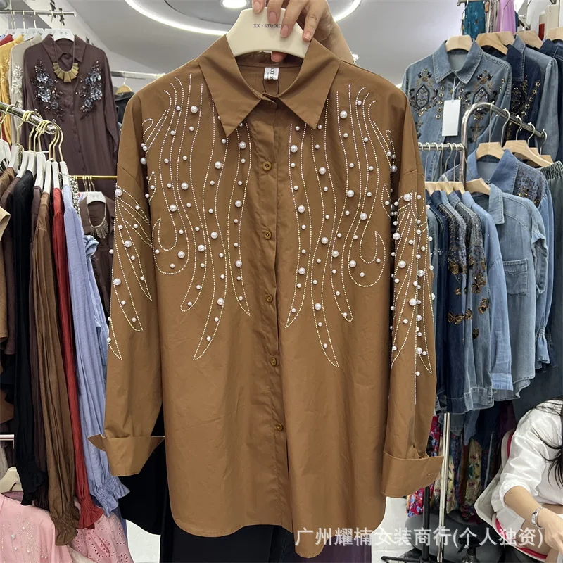 2026 New Spring Autumn Long Sleeve Women Blouses Hot Diamonds Beading Loose Cardigans Top Single-breasted Casual Female Shirts