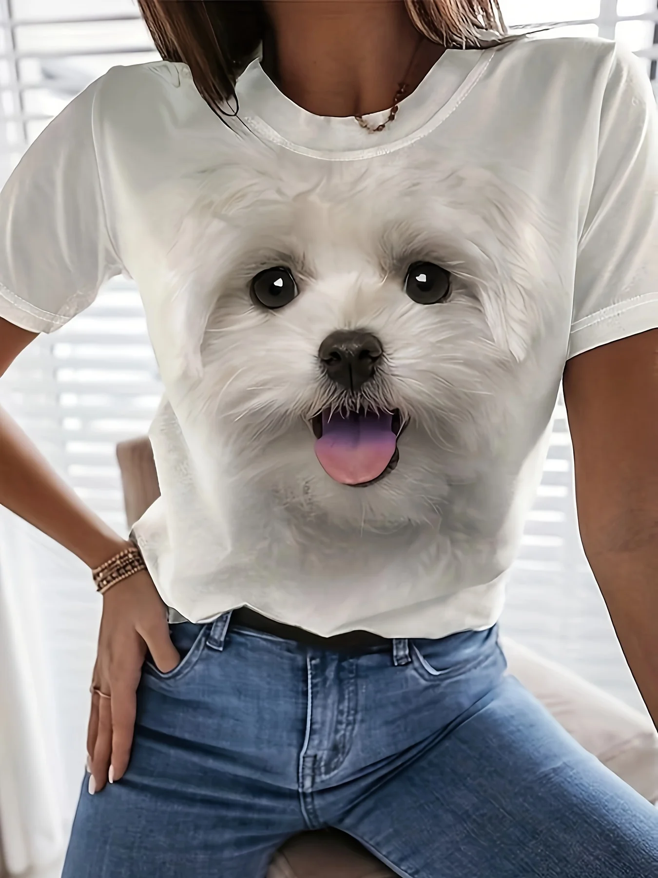 Puppy Print Crew Neck T-Shirt, Casual Short Sleeve Top For Spring & Summer, Women's Clothing