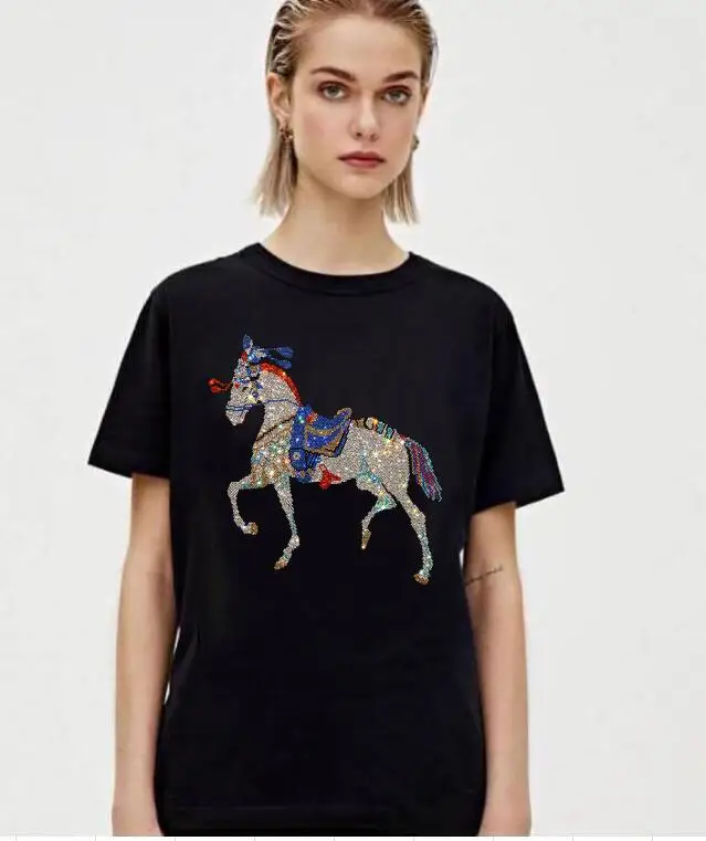 

2025 Summer Short Sleeve T Shirts Women Clothing Cartoon Horse Diamonds Fashion Streetwear 100% Cotton O Neck Womens Tshirts