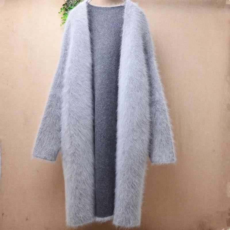 01 Female Women Fall Winter Thick Warm Hairy Mink Cashmere Knitted Long Sleeves Loose Long Sweater Angora Fur Cardigans Jacket