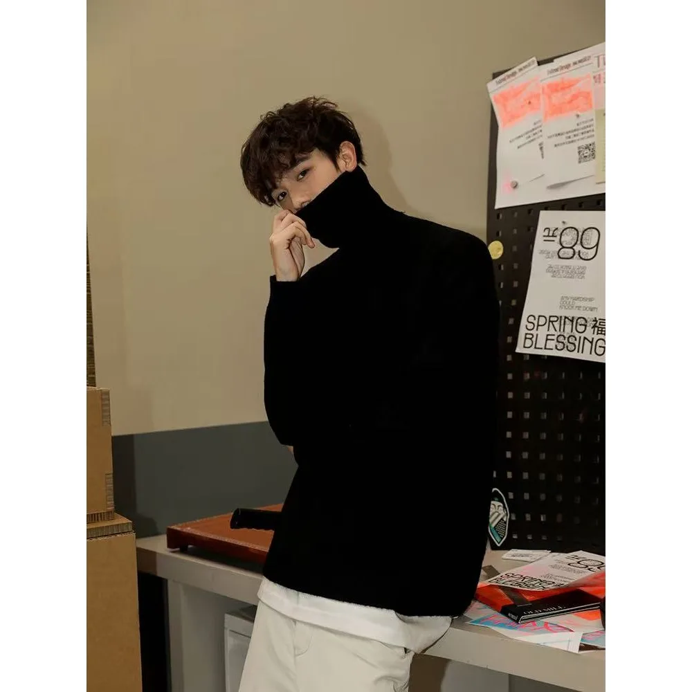 

Осенне-зимний мужской свитер с высоким воротником в ленивом стиле, плотное и свободное, красивое молодежное базовое пальто, шерстяной свитер в стиле ретро.